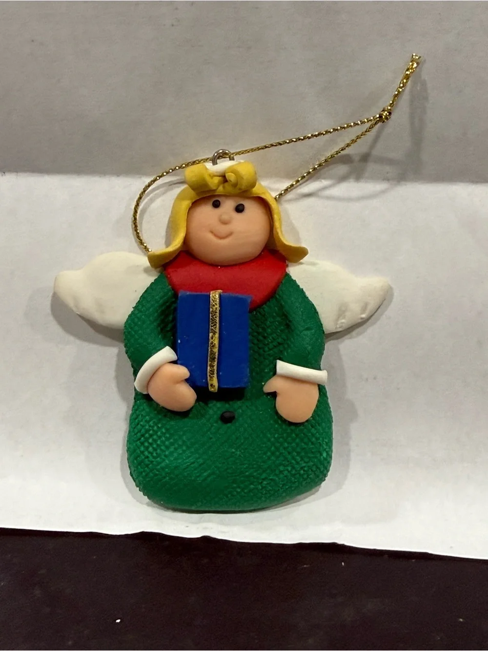 Handcrafted Green Angel Ornament with Blue Gift
